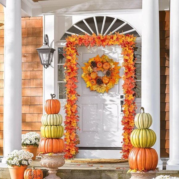 Fall Wreaths for Front Door, 20" Autumn Wreath with Hangers, Large Silk Maple - Picture 5 of 6